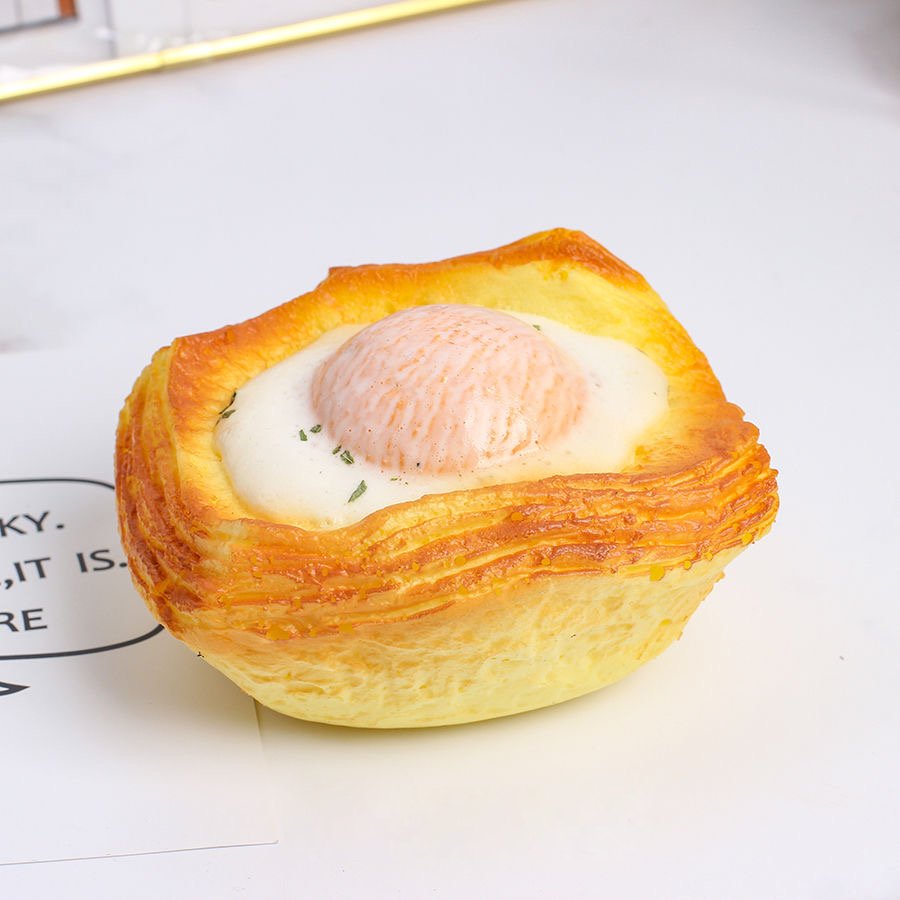 Egg-Topped Danish Pastry Slow-Rising Squishy – Golden Layered Bread Shape with Peach-Pink Dome, Non-Sticky Squeeze Toy