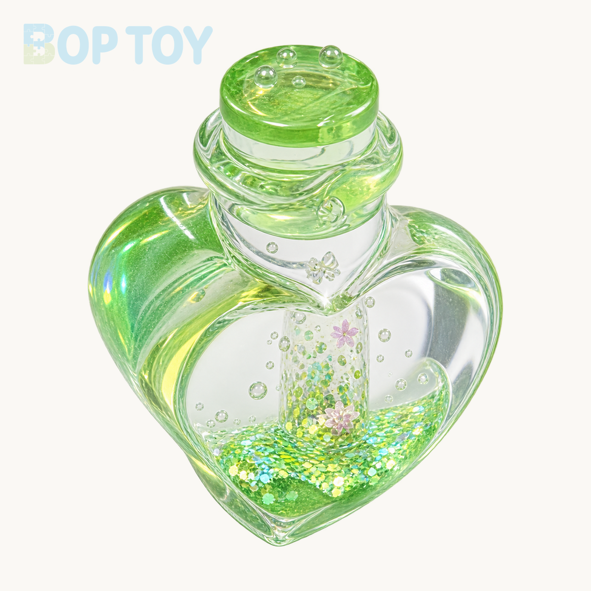 Transparent Heart Shape Wish Bottle Taba Squishy Toy — Green — BOP TOY