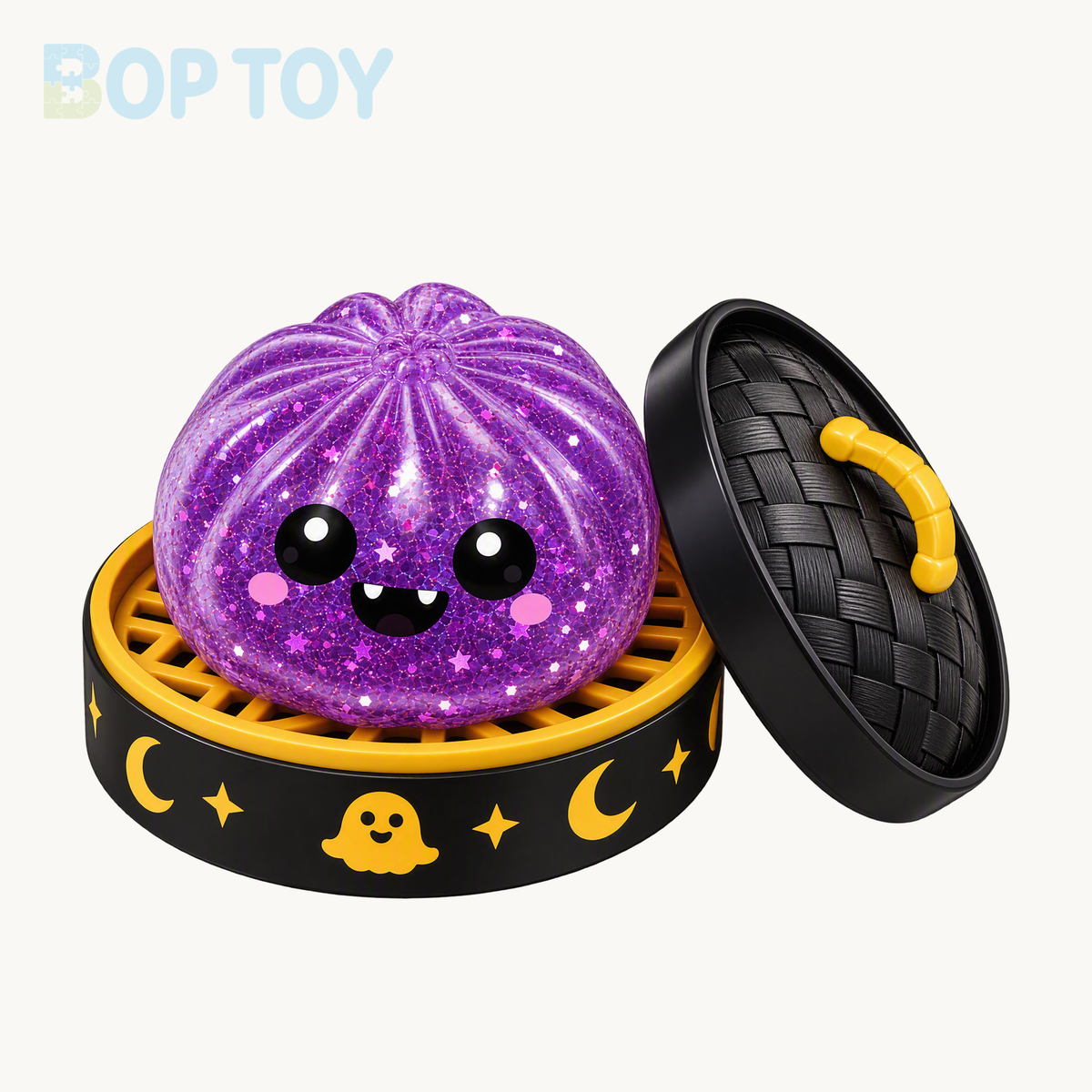 Purple vampire bun squishy with two fangs, black and gold steamer and matching lid