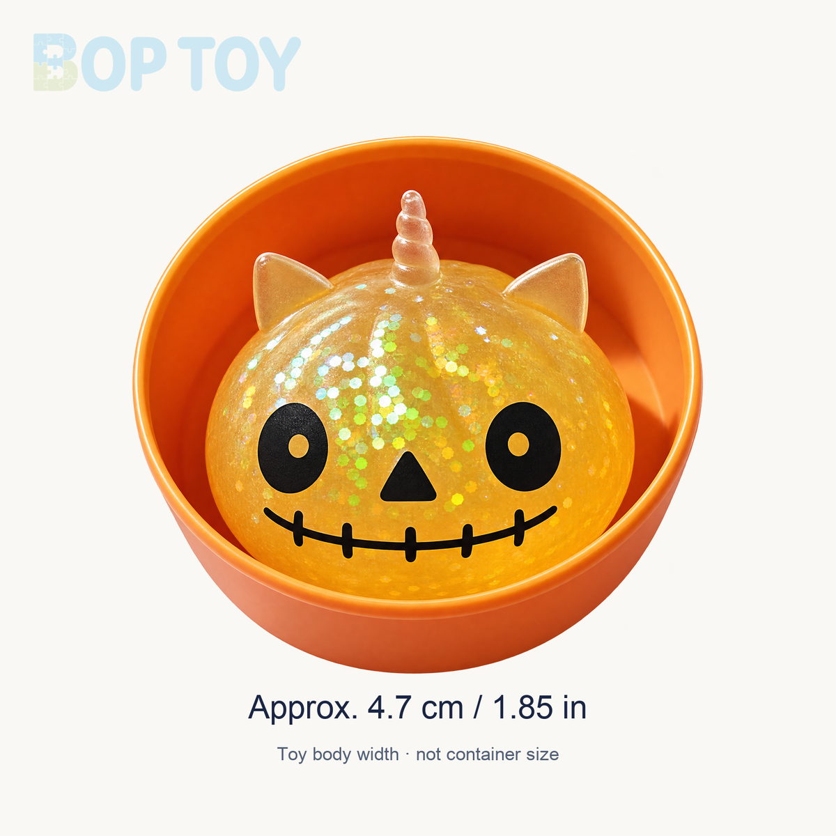 Mini Halloween unicorn squishy nominal body width approximately 4.7 cm / 1.85 in; not container size