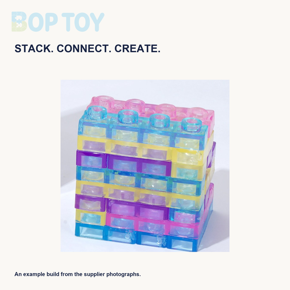 Example stacked wall made with translucent multicolor jelly shape blocks