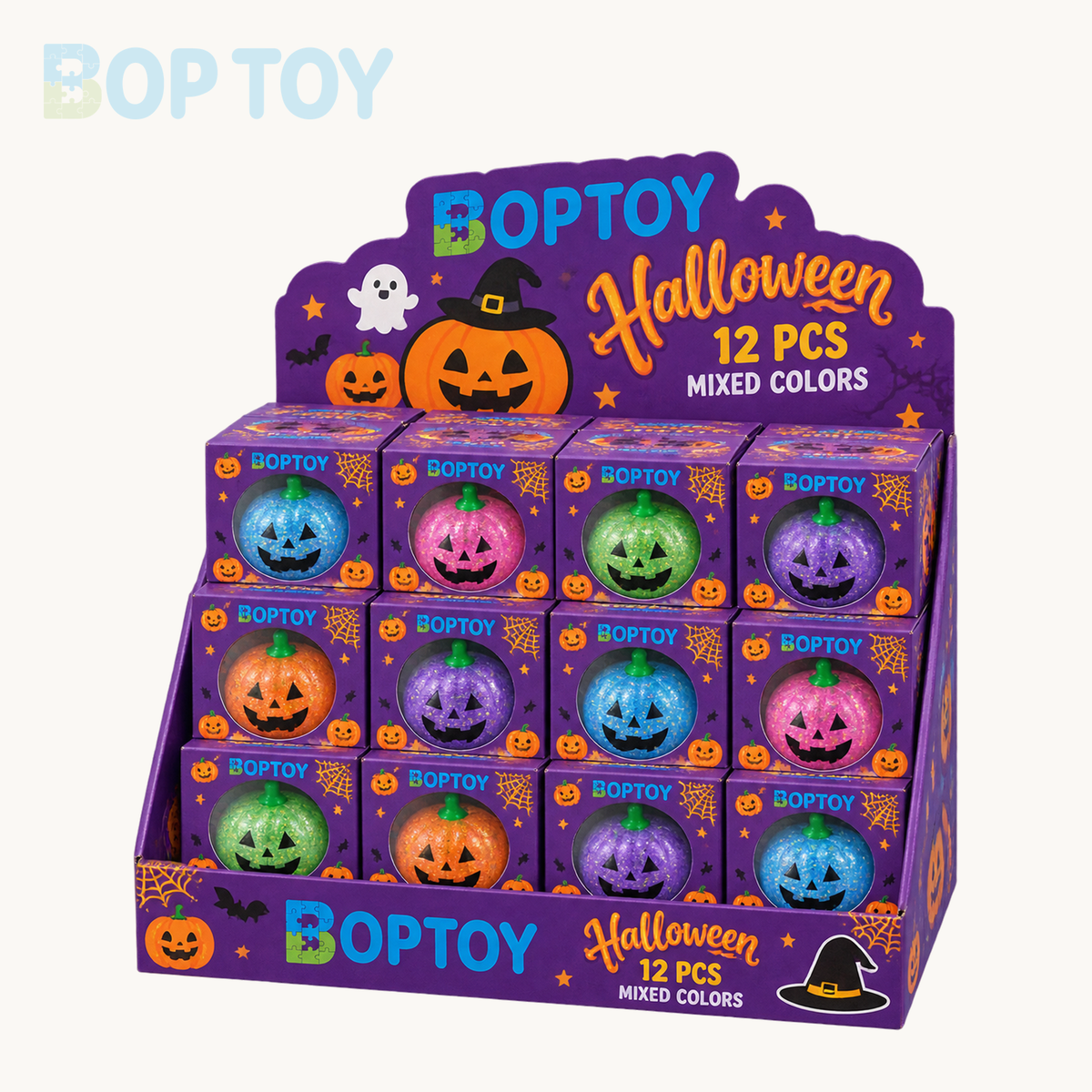BopToy branded packaging mockup: 12 individually boxed glitter pumpkin squishies in a mixed-color display carton; color quantities vary