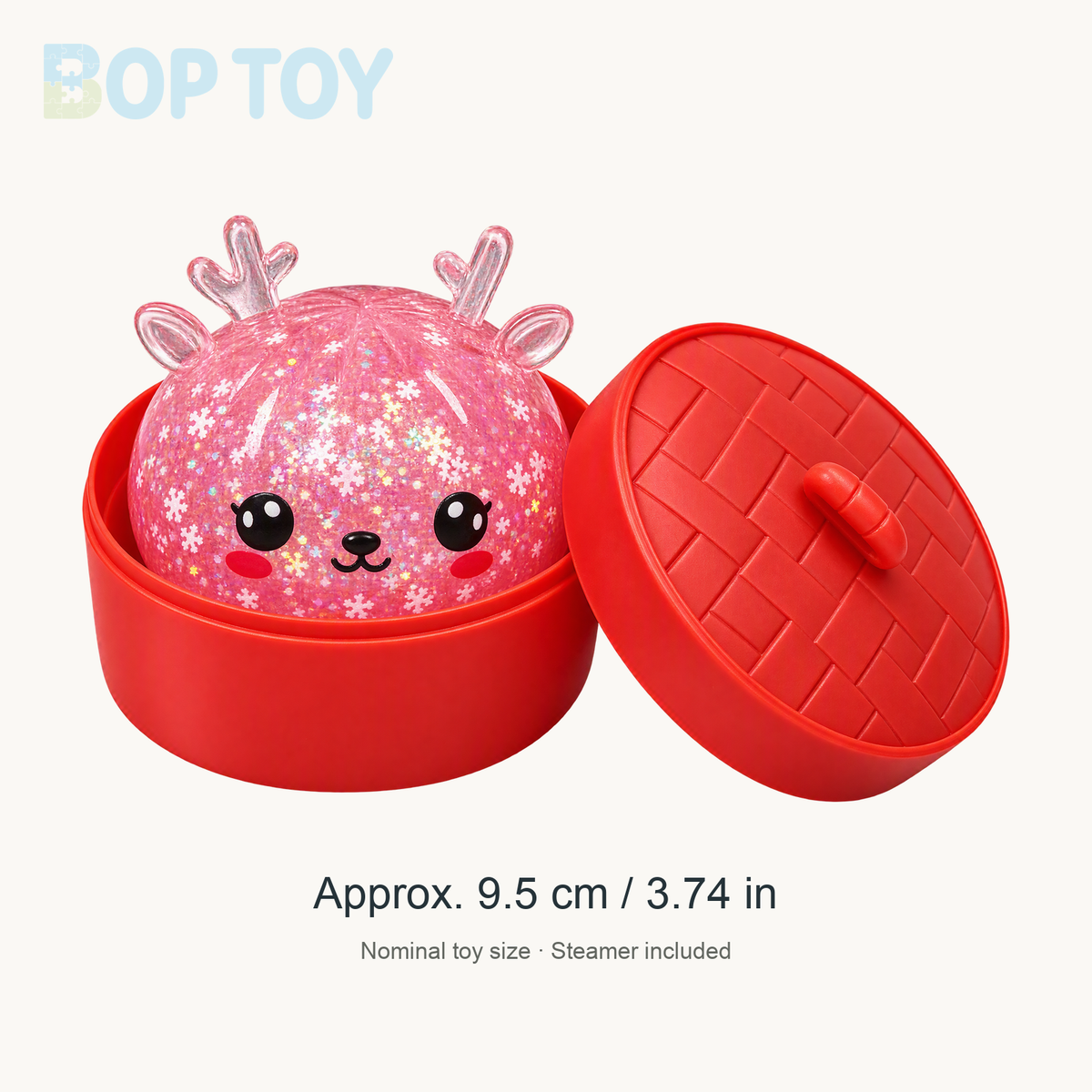 Christmas reindeer squishy approximate nominal size 9.5 cm / 3.74 in; steamer dimensions not specified