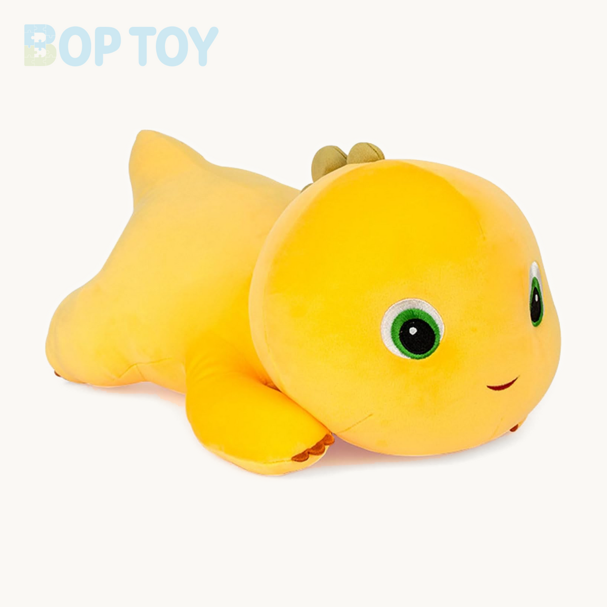 Lying yellow dinosaur plush toy front right view