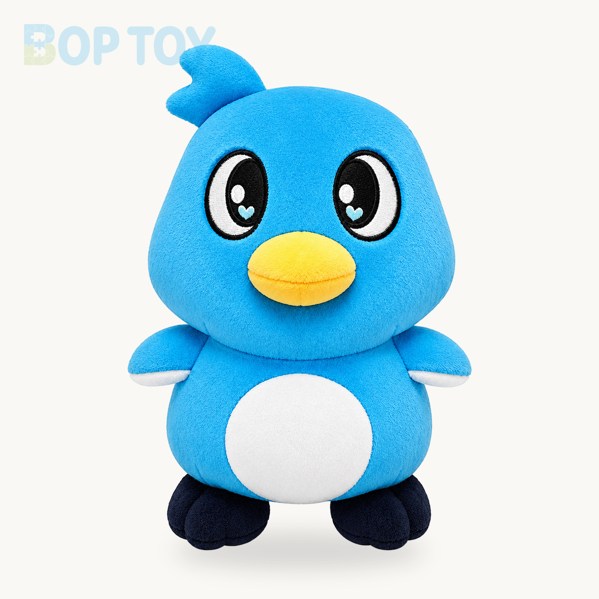 Blue penguin plush toy, front view on a clean white background