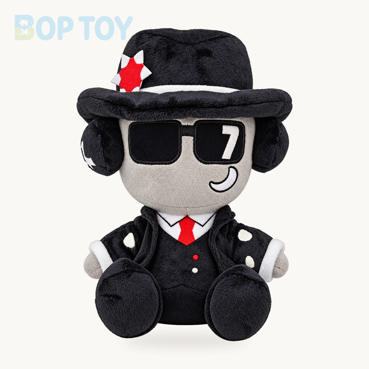 Black fedora character plush with embroidered sunglasses, seated front view