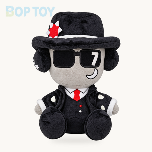 Black fedora character plush with embroidered sunglasses, seated front view