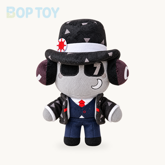 Patterned fedora character plush in extended standing pose on a cream background