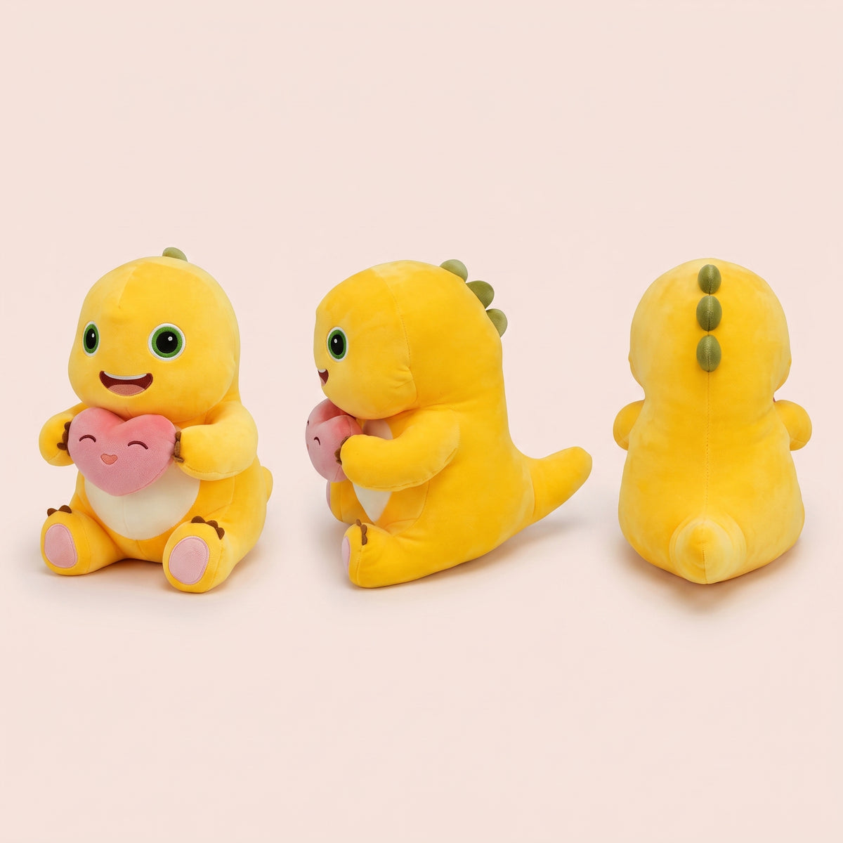 Soft Yellow Dino Plush Doll with Love Heart - angles