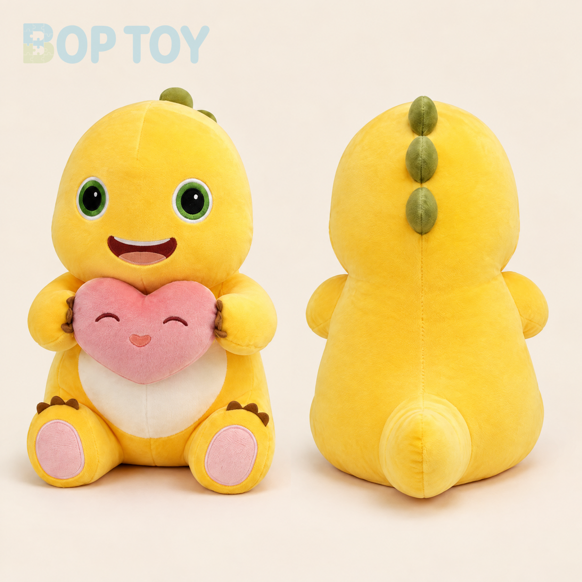 Yellow dinosaur plush with pink heart, front and back views