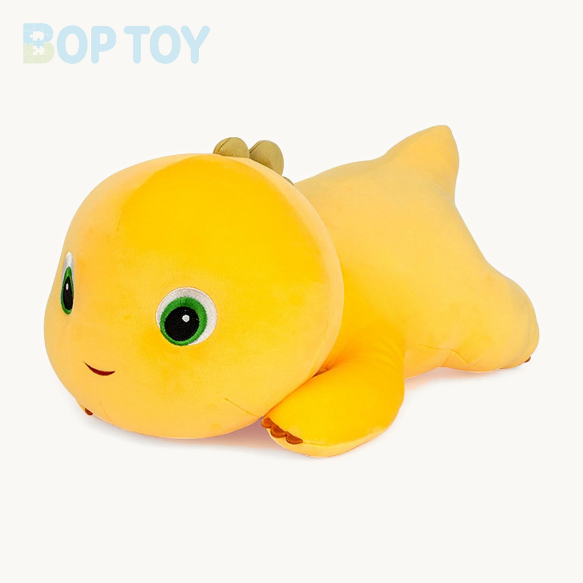 Lying yellow dinosaur plush toy front left view
