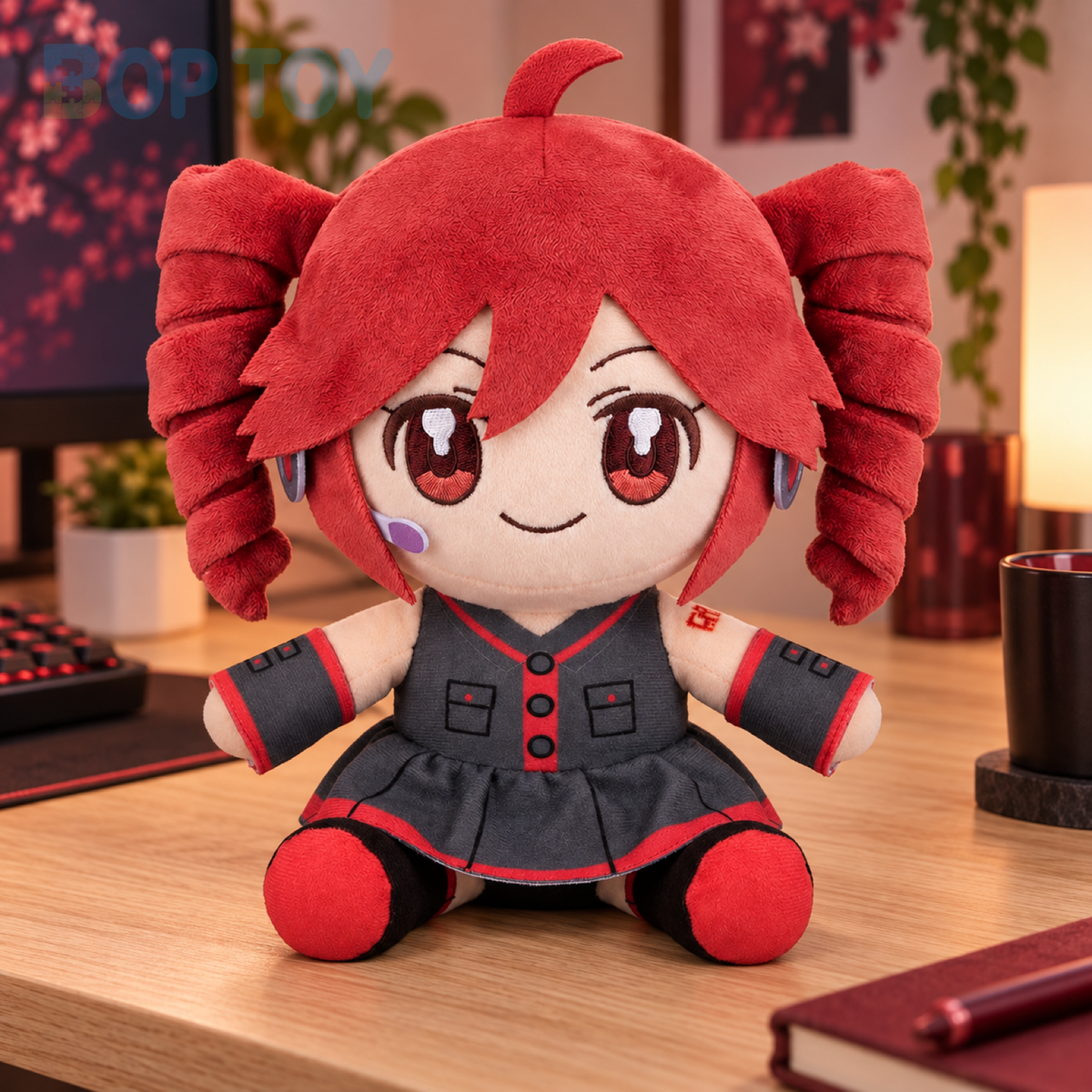 Pink twin-drill plush sitting on a gaming desk
