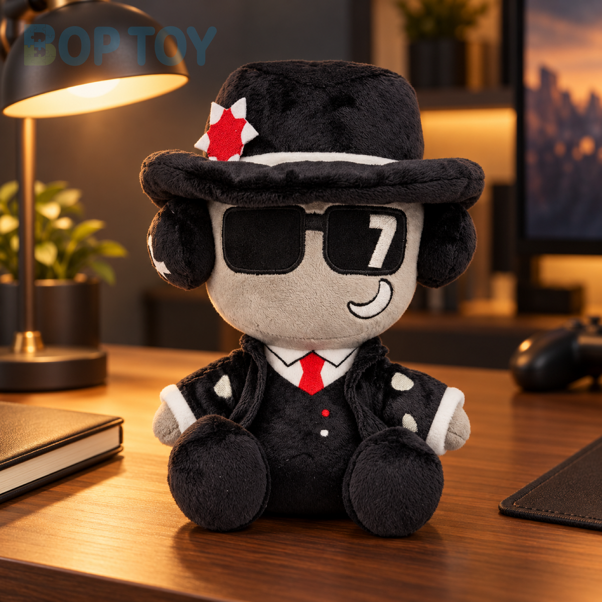 Black fedora character plush displayed on a warm gaming desk