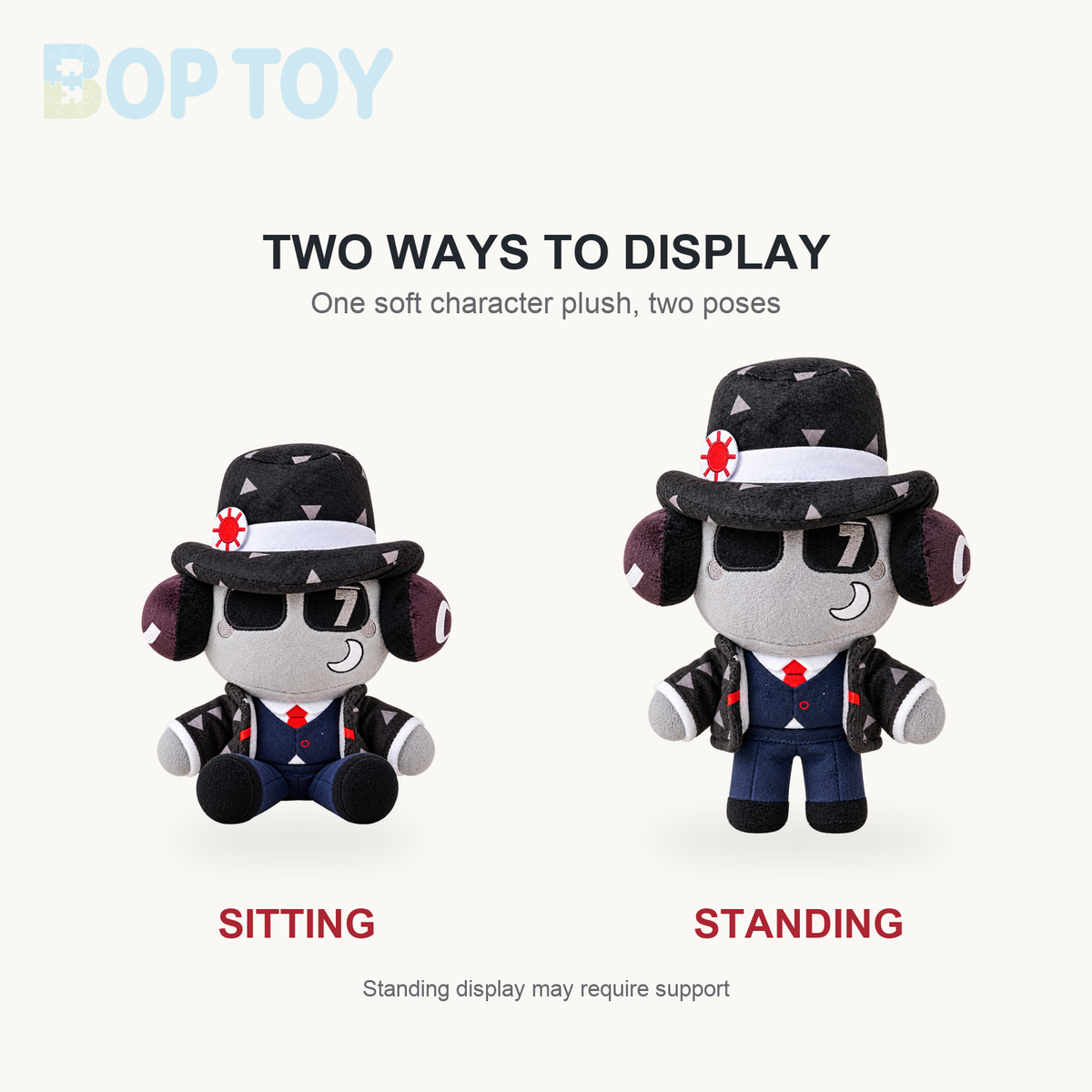 The same patterned fedora plush shown sitting and standing