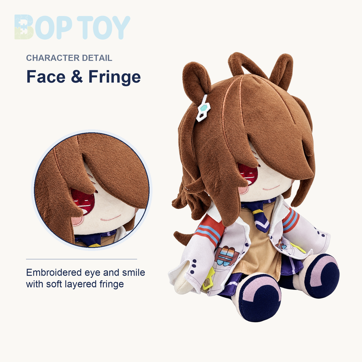 Face detail with complete brown-haired plush doll - BOP TOY