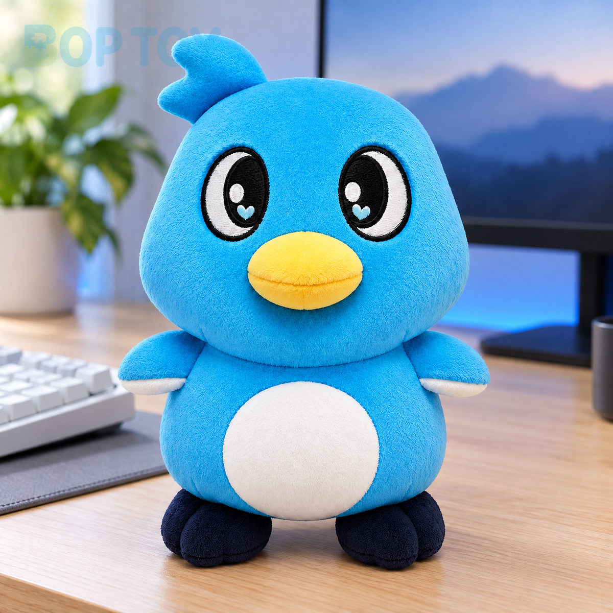 Blue penguin plush sitting on a gaming desk