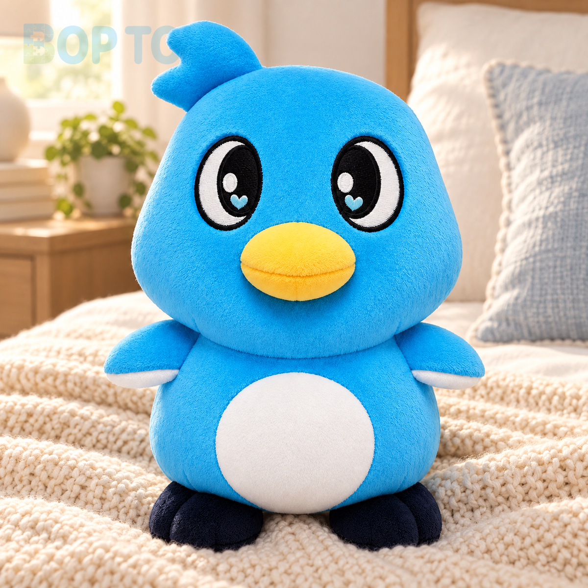 Blue penguin plush in a cozy bedroom setting