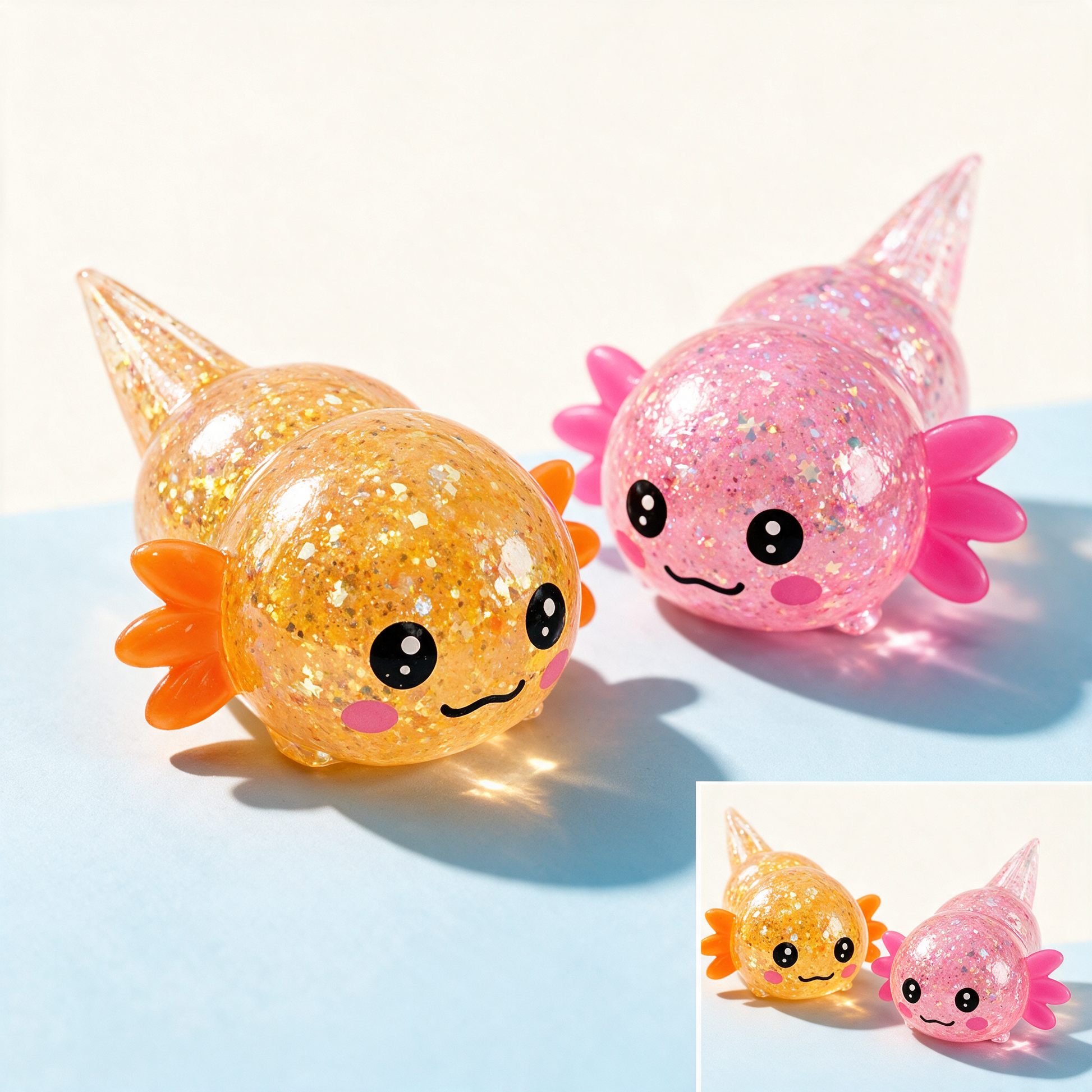 4 Pack Kawaii Slow Rising Axolotl Squishy Fidget Set - glitter detail