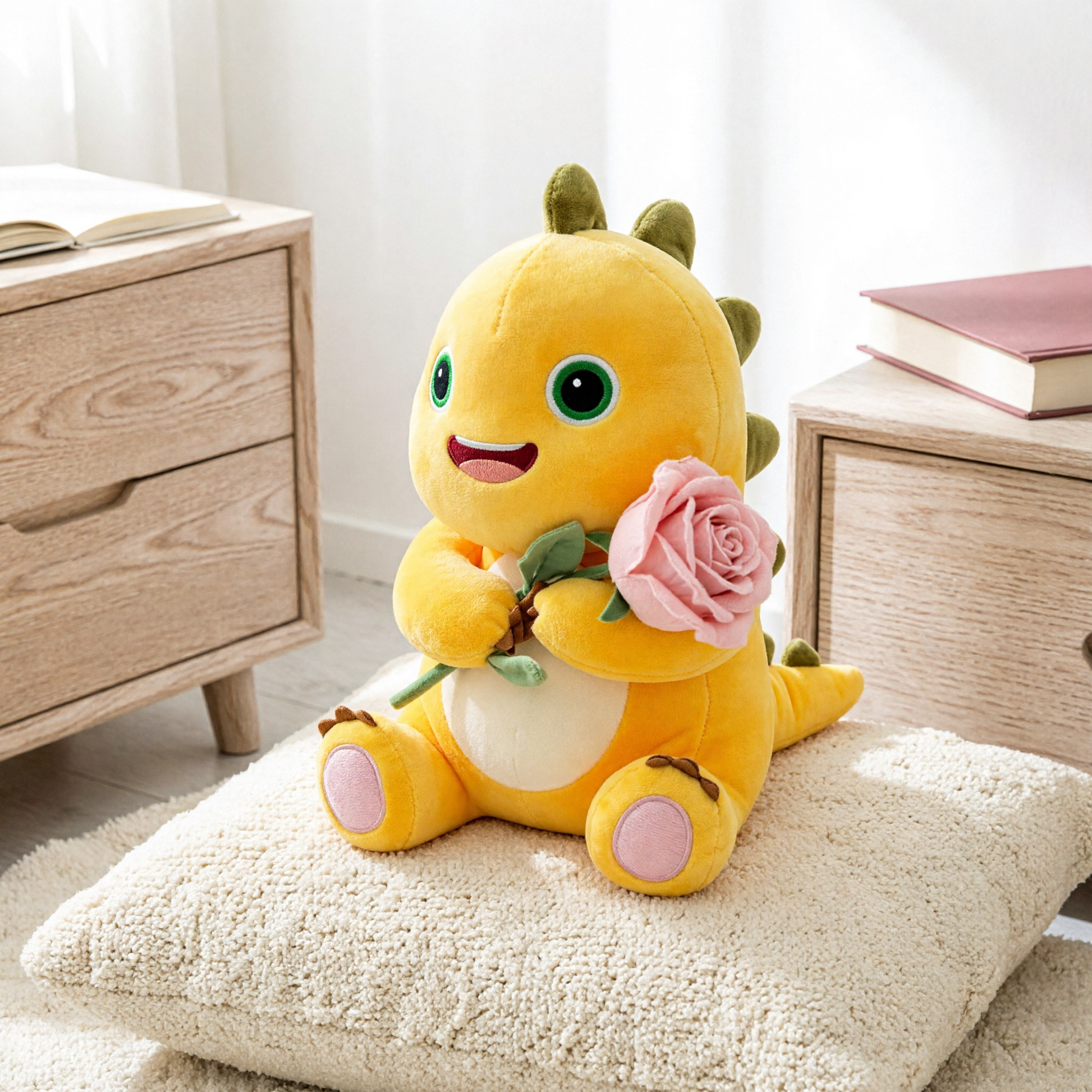 Soft Yellow Dino Plush Doll with Flower - nursery