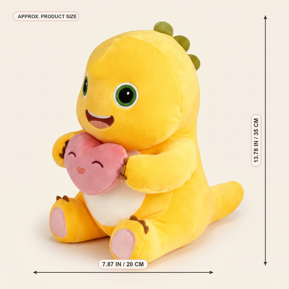 Soft Yellow Dino Plush Doll with Love Heart - real size