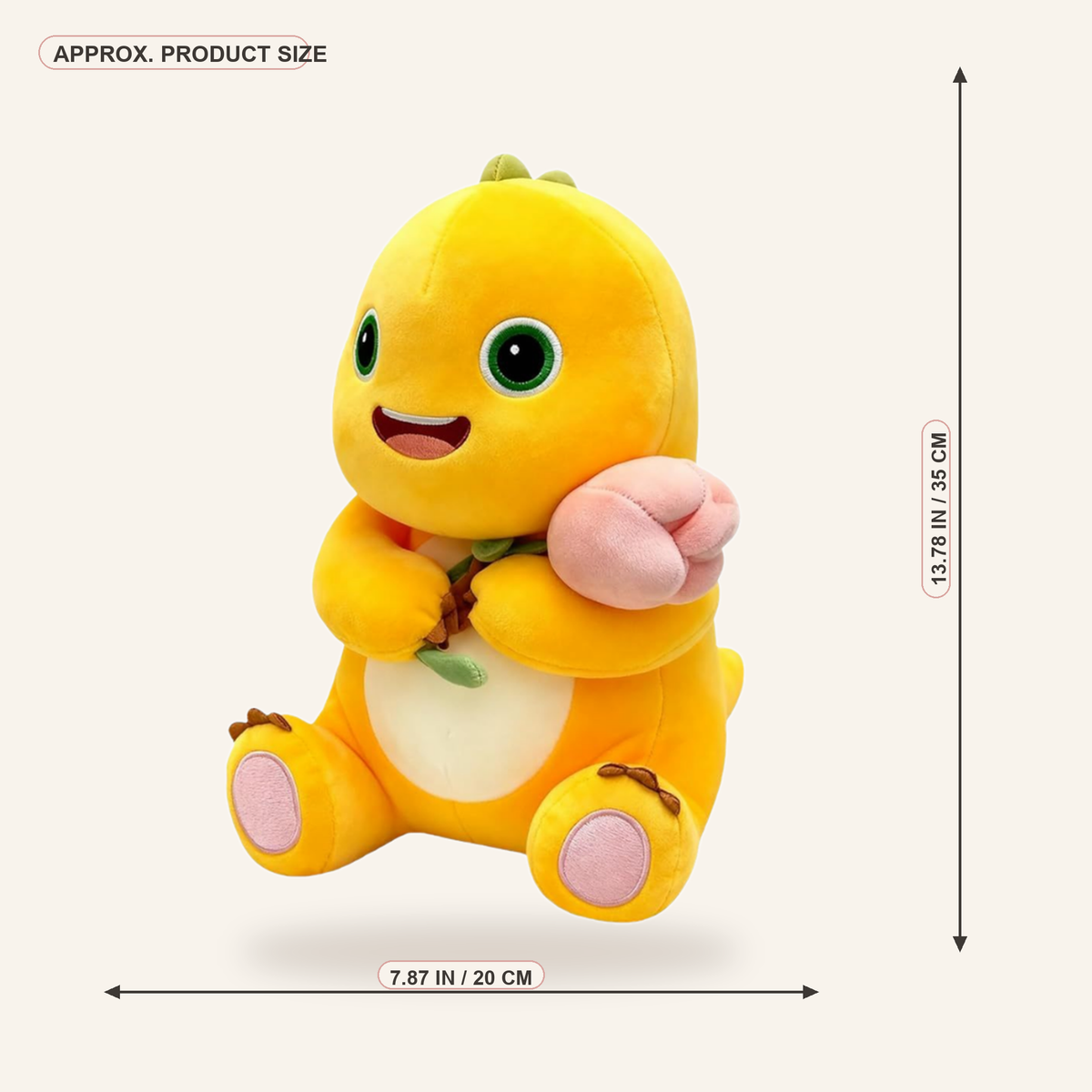 Soft Yellow Dino Plush Doll with Flower - real size