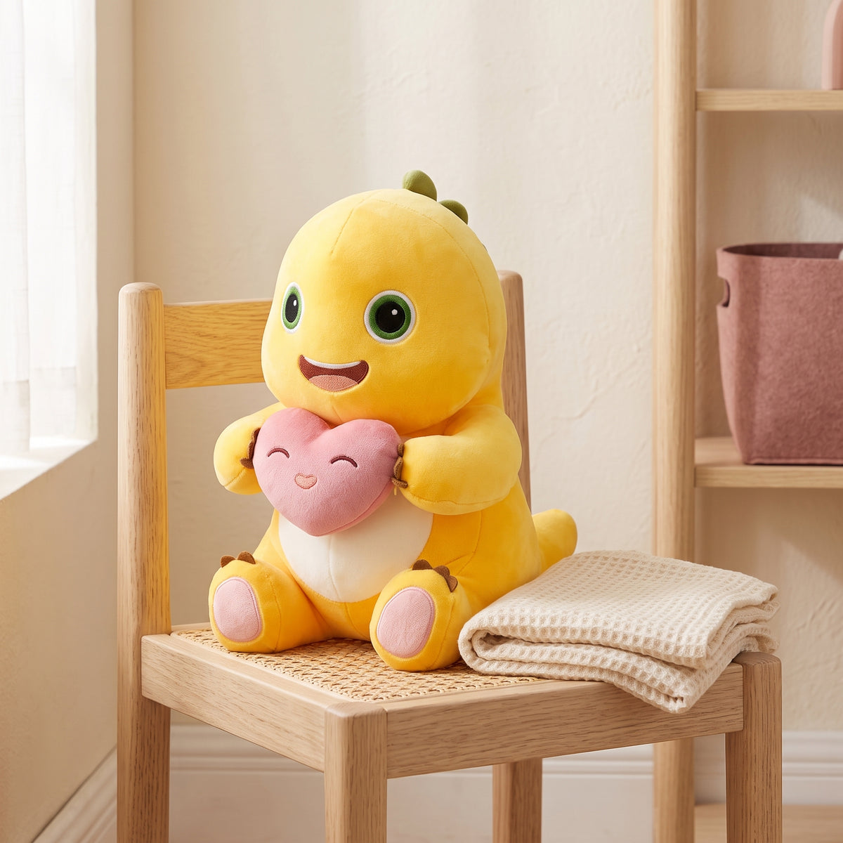 Soft Yellow Dino Plush Doll with Love Heart - scale
