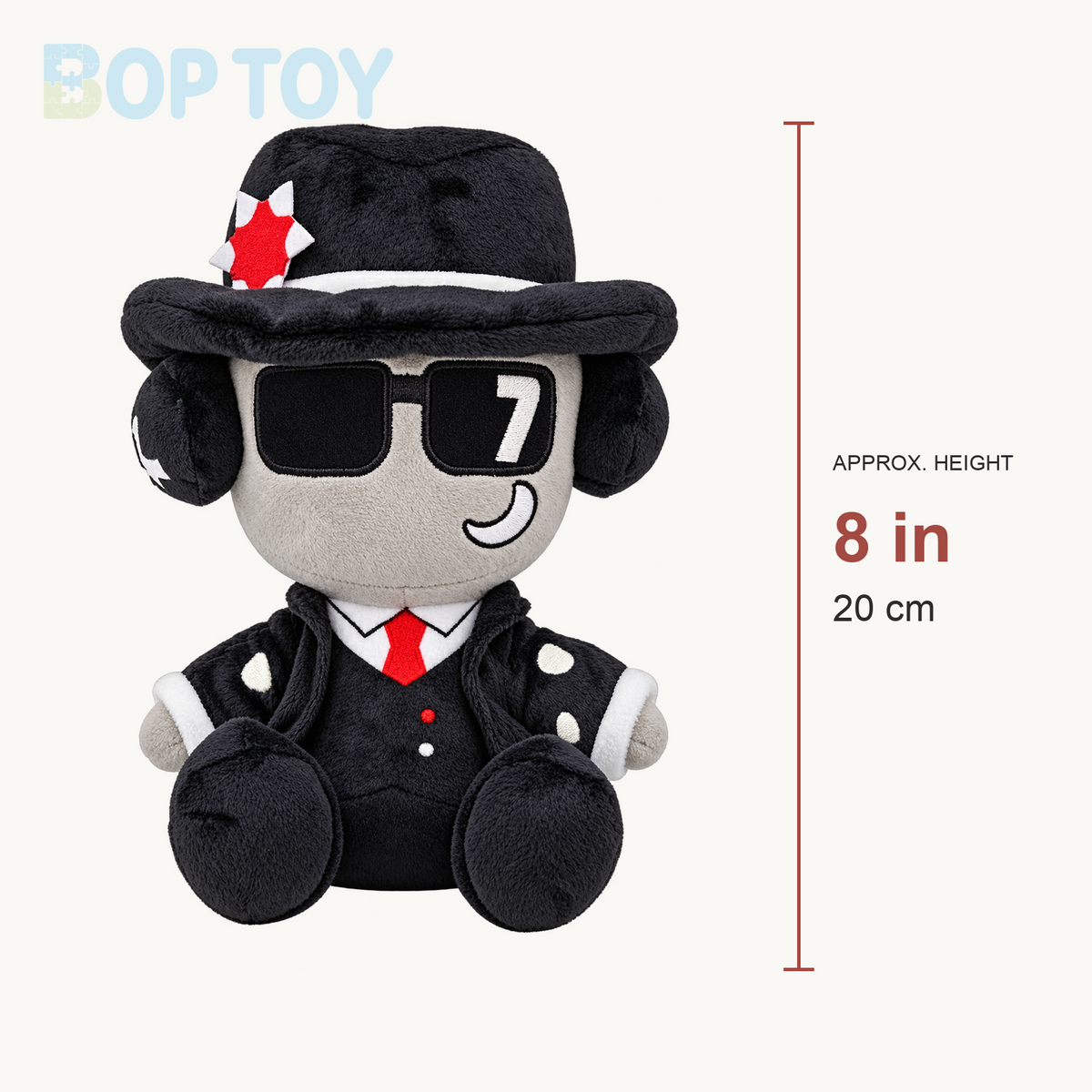 Black fedora character plush, approximately 8 inches or 20 centimeters tall