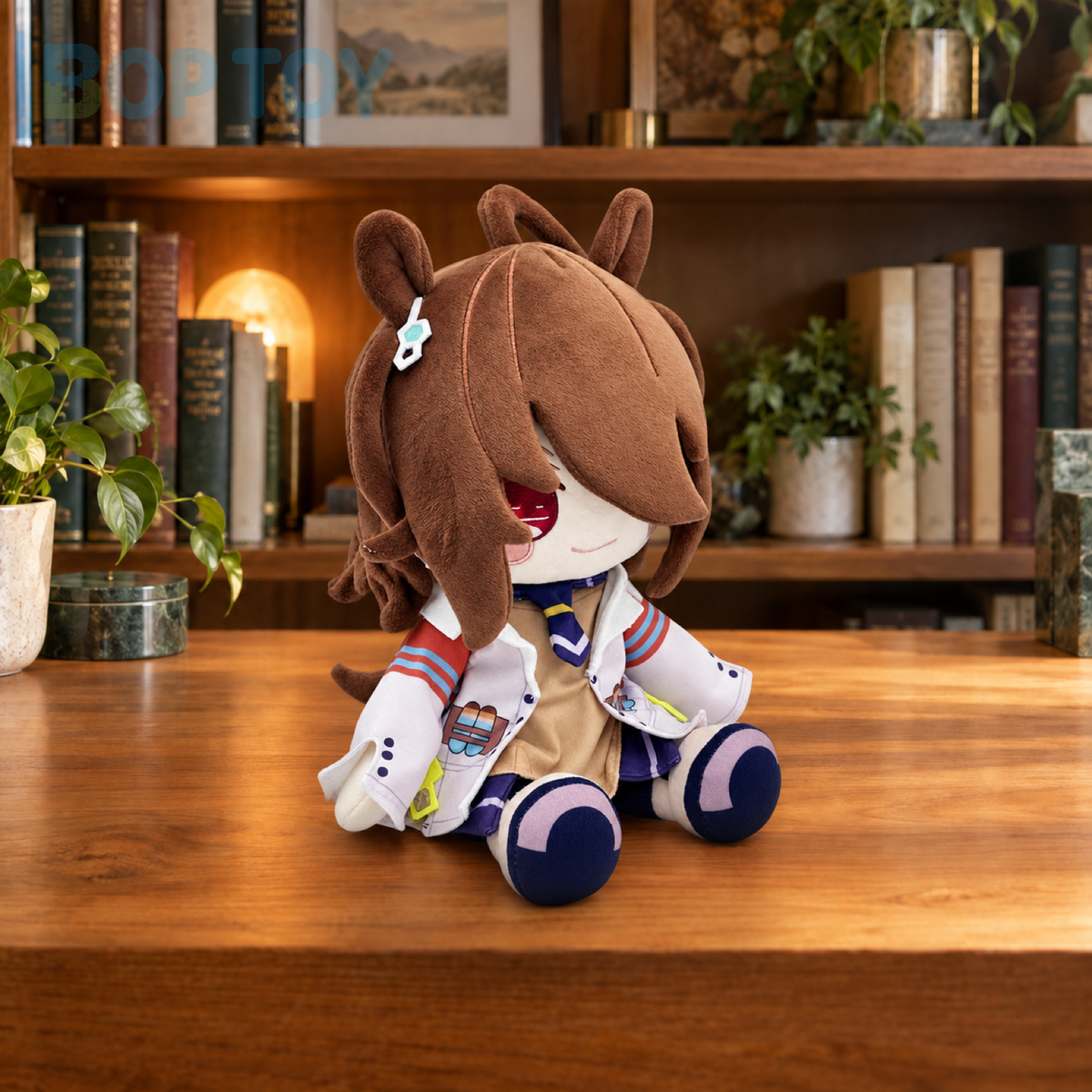 Brown-haired plush doll seated on a collector shelf - BOP TOY