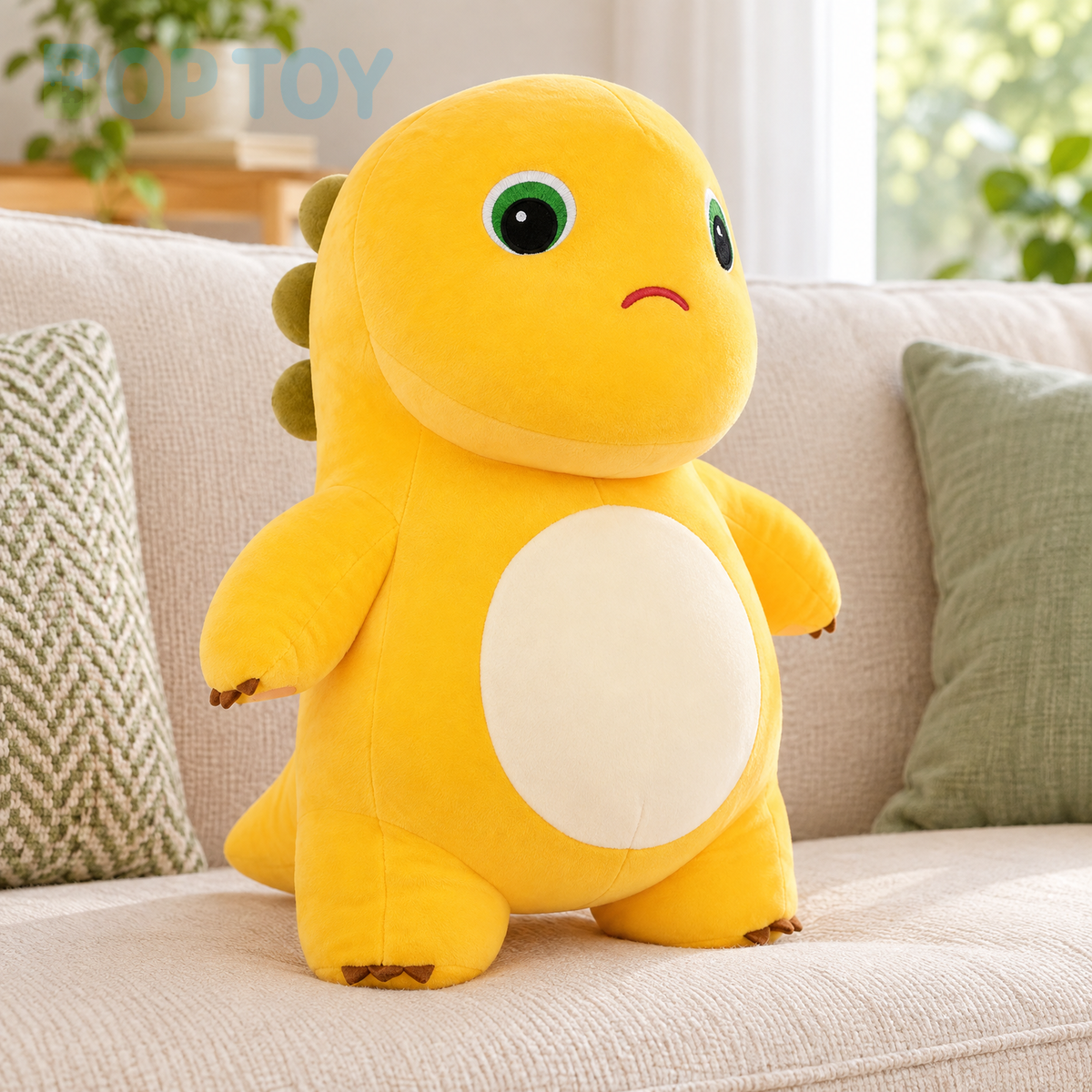 Frowning yellow dinosaur plush toy standing on a cream sofa