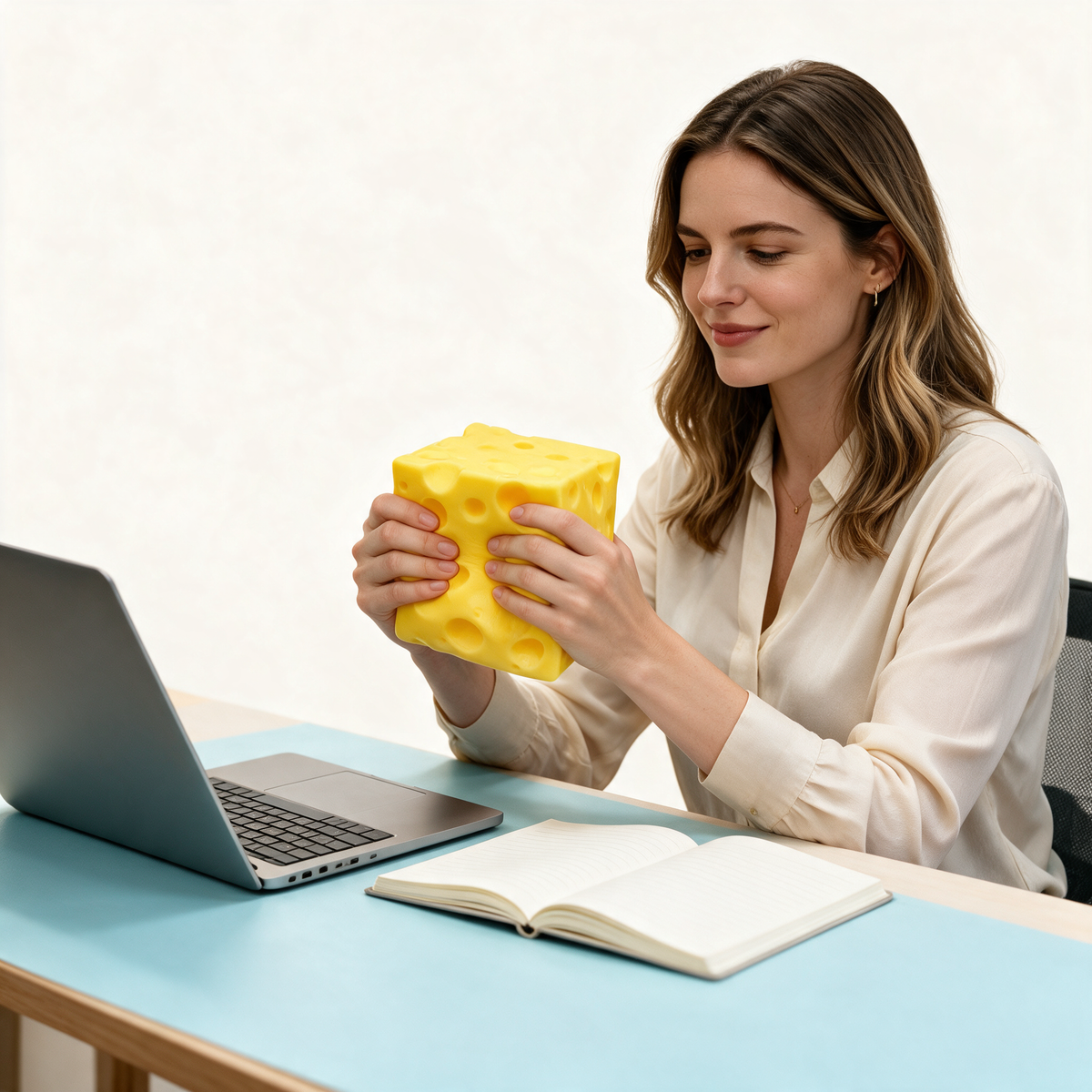 Soft Slow Rising Cheese Squishy Large 3.93in Jumbo Cheese Block Stress Ball - desk lifestyle