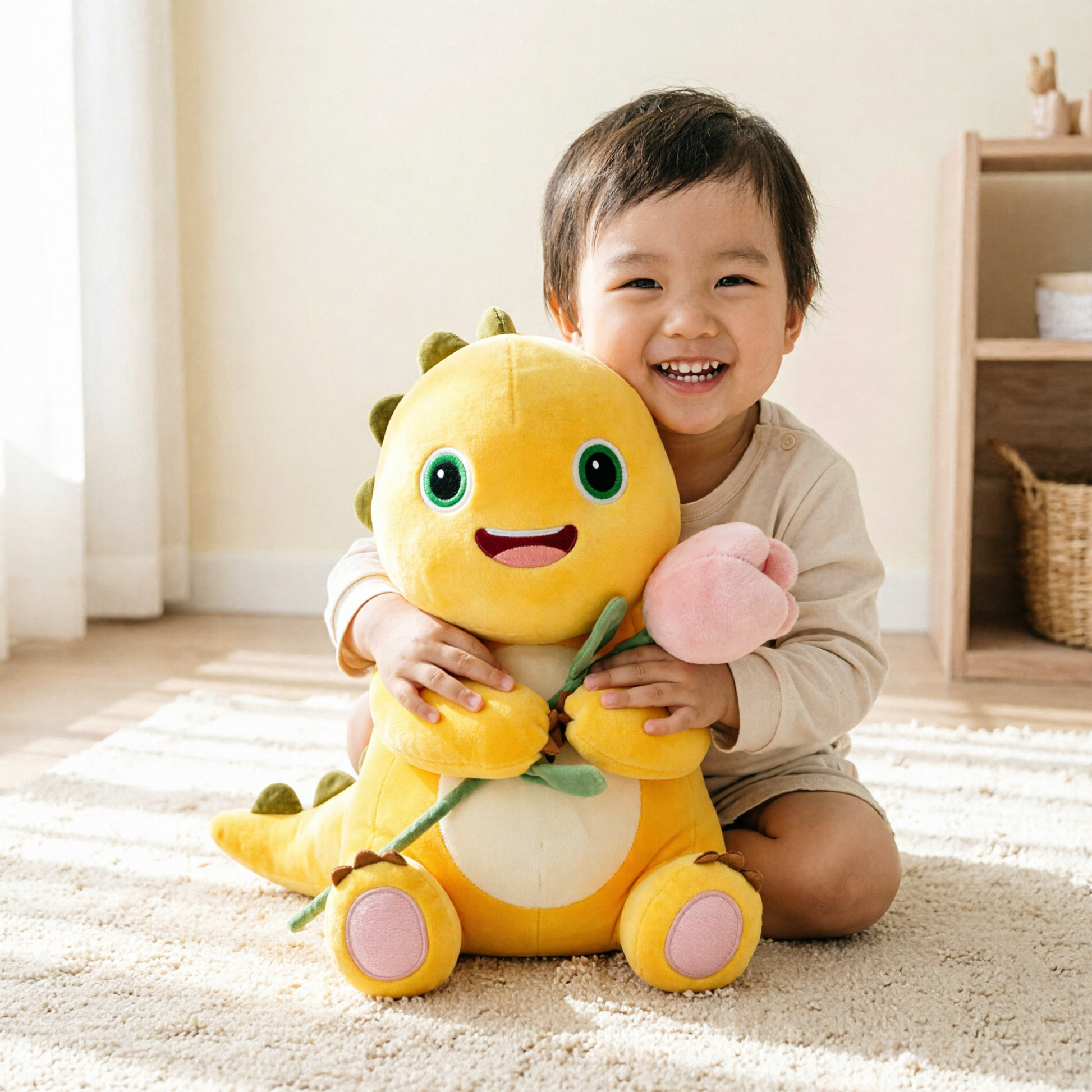 Soft Yellow Dino Plush Doll with Flower - hug