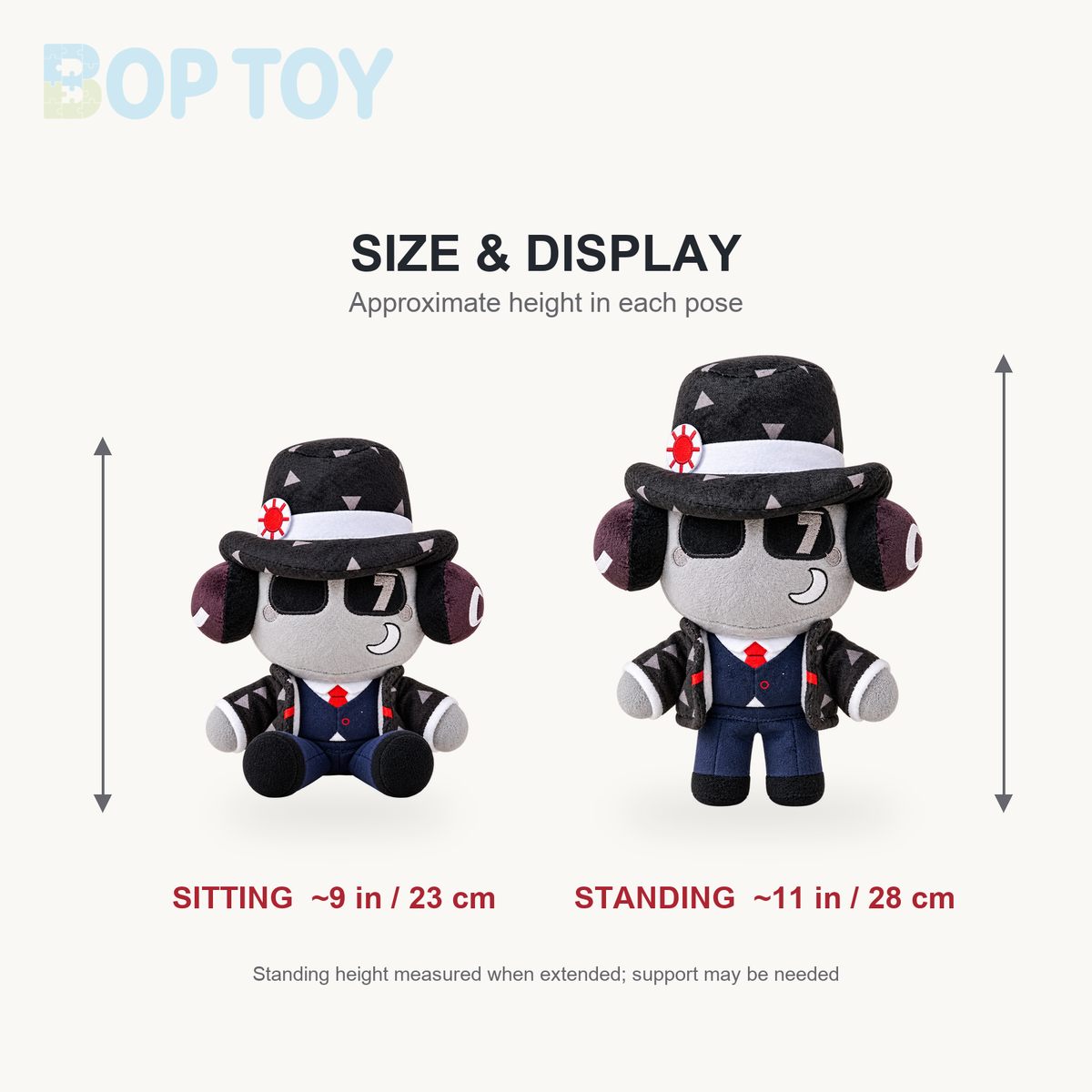 Size chart: approximately 9 inches seated and 11 inches extended standing