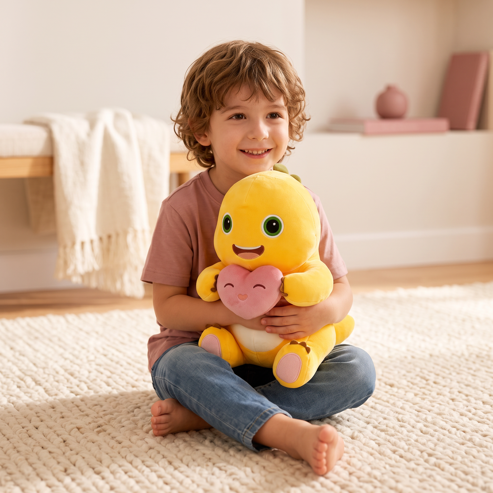 Soft Yellow Dino Plush Doll with Love Heart - hug