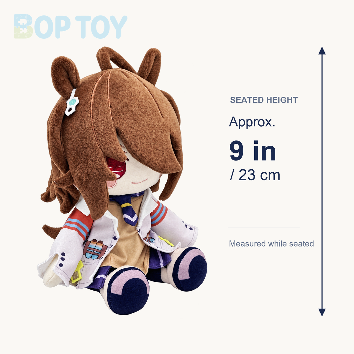 Brown-haired plush doll approximate 9-inch seated height - BOP TOY