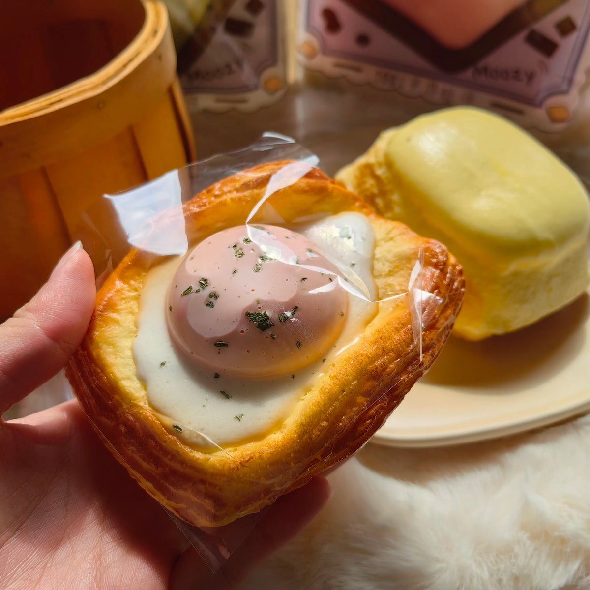Egg-Topped Danish Pastry Slow-Rising Squishy – Golden Layered Bread Shape with Peach-Pink Dome, Non-Sticky Squeeze Toy