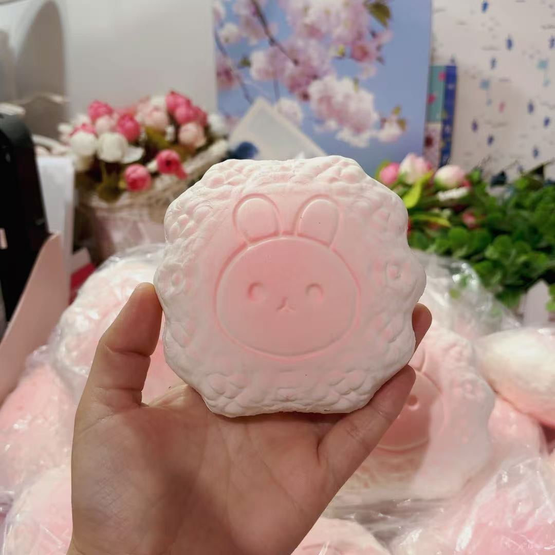 Bunny Face Pillow Slow-Rising Squishy – Pink & Cream Textured Squeeze Toy with Rounded-Square Shape