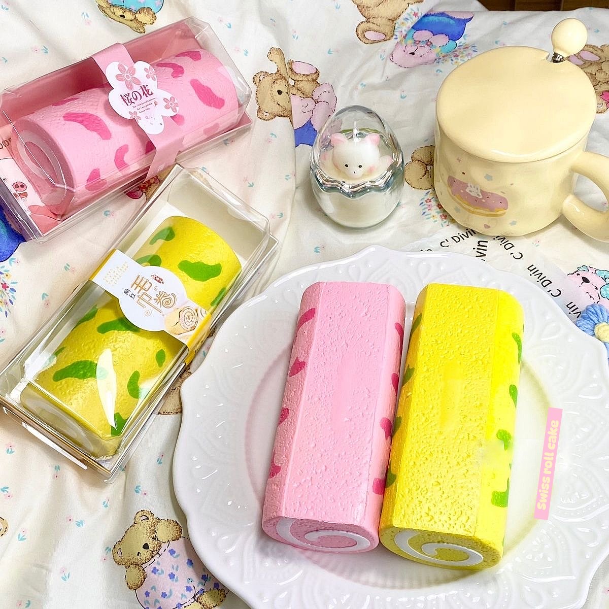 Swiss Roll Cake Slow-Rising Squishy – Lemon Yellow or Strawberry Pink Roulade with Spiral End and Contrasting Patch Pattern