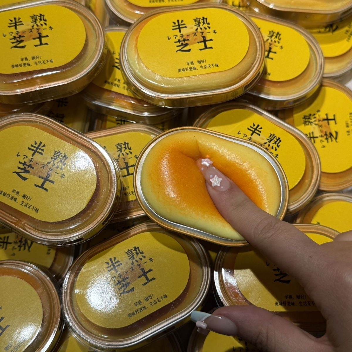 Mini Cheesecake Slow-Rising Squishy – Round or Oval Golden Cake Designs with Pale Yellow Edges and Open-Pot Photo Details