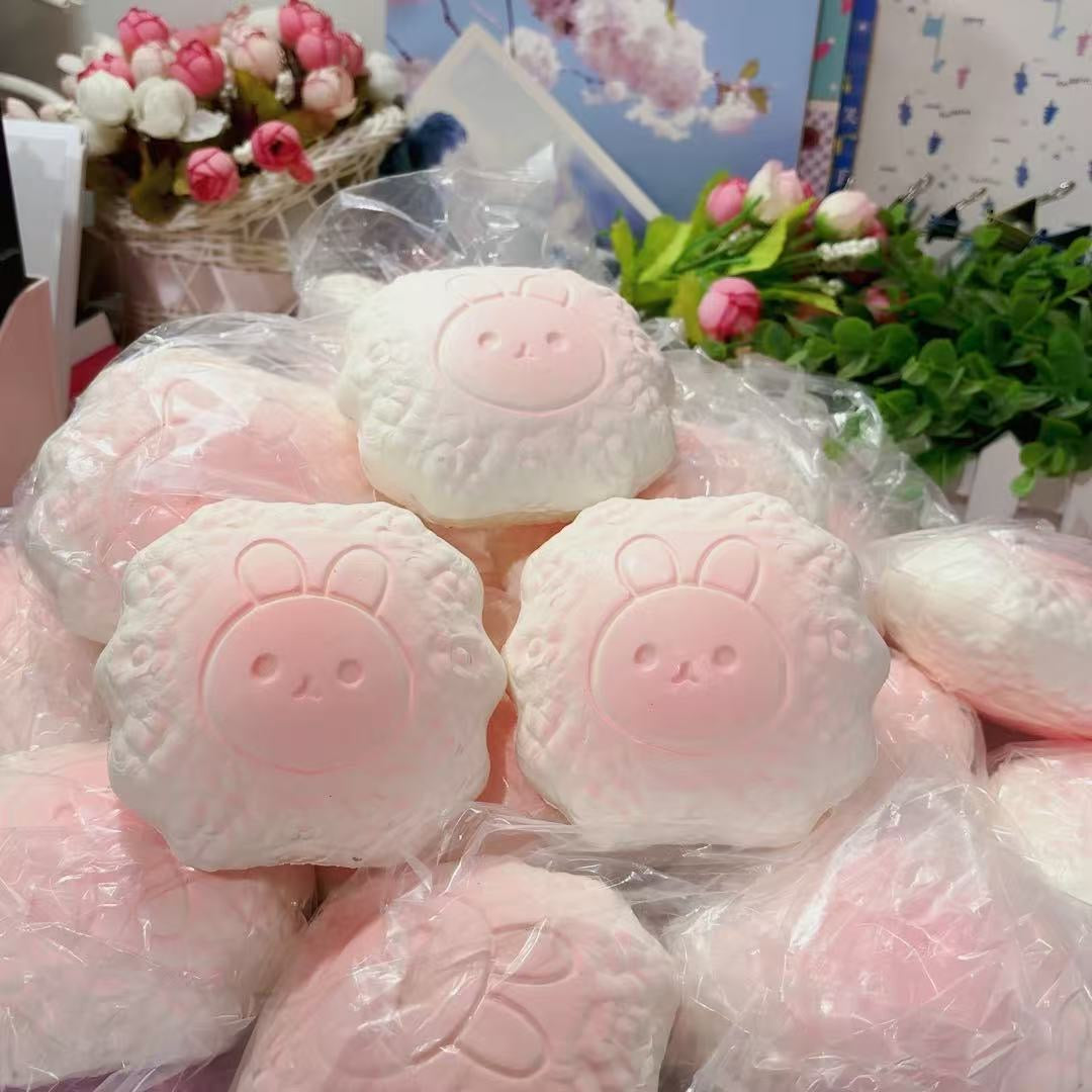 Bunny Face Pillow Slow-Rising Squishy – Pink & Cream Textured Squeeze Toy with Rounded-Square Shape