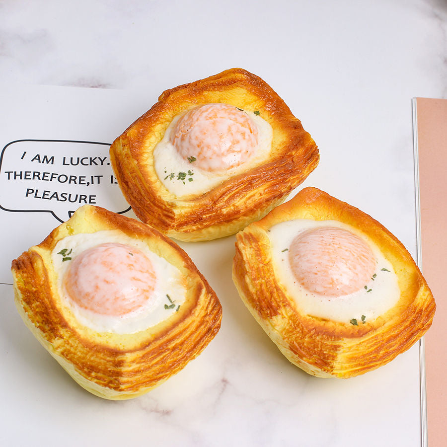 Egg-Topped Danish Pastry Slow-Rising Squishy – Golden Layered Bread Shape with Peach-Pink Dome, Non-Sticky Squeeze Toy