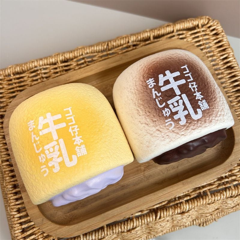 Milk Bun Slow-Rising Squishy – Honey Yellow & Chocolate Black Printed Bread Squeeze Toy