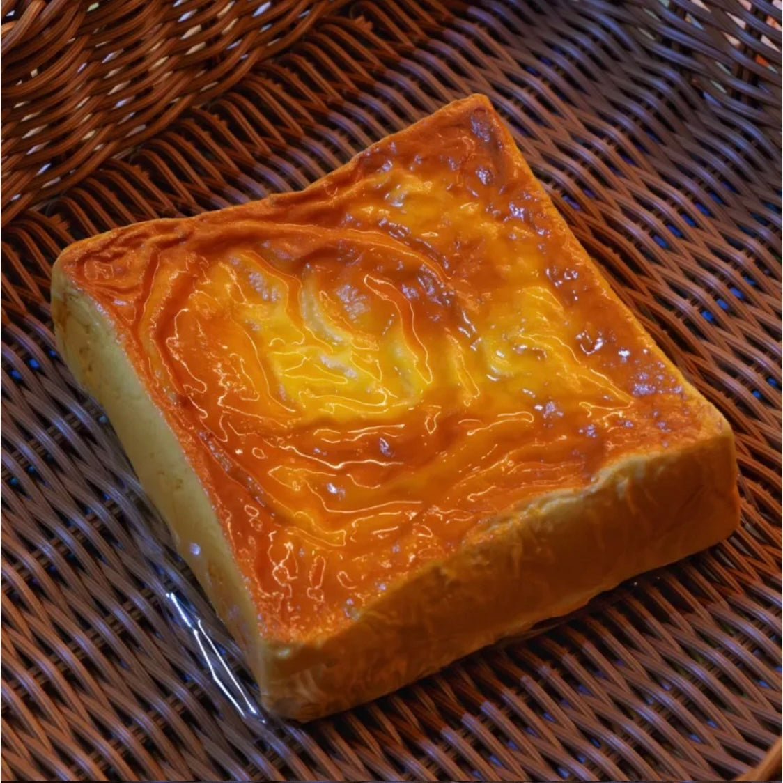 Lava Cake Slow-Rising Squishy – Golden Square Cake with Toasted Swirl Details, Food Squeeze Toy
