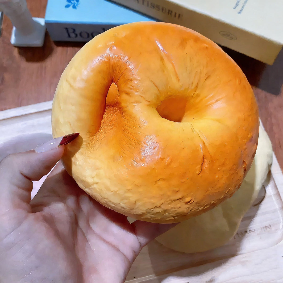 Bagel Slow-Rising Squishy – Golden Bread Ring Squeeze Toy with Cream Rim & Textured Bakery-Inspired Finish