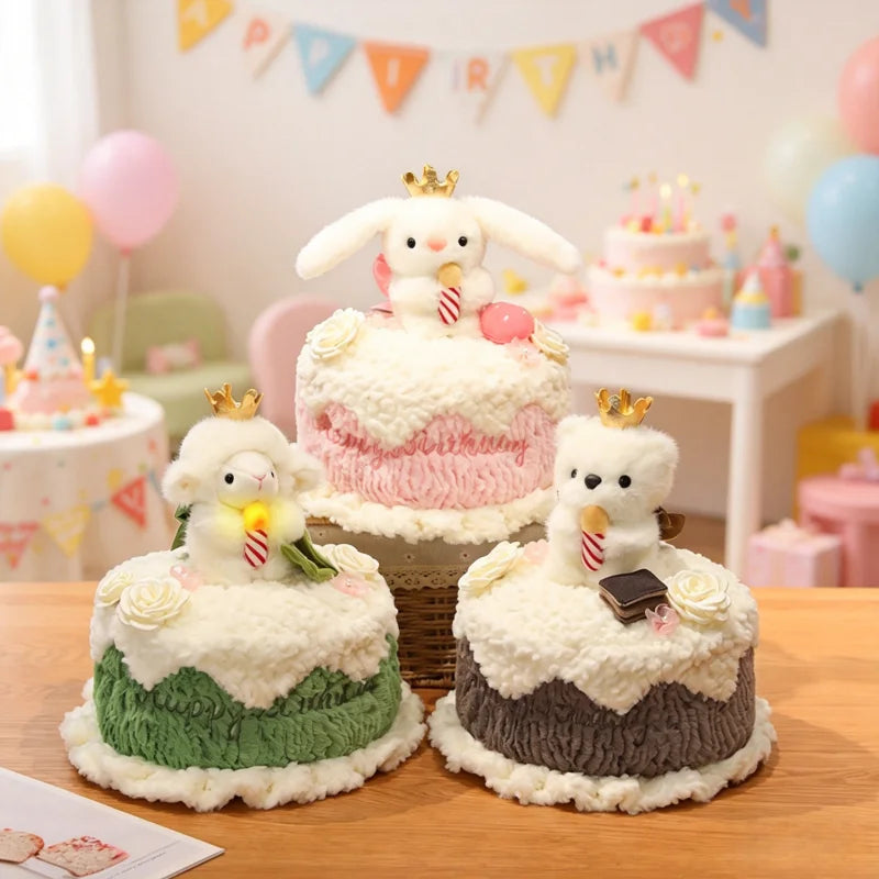 Animal Birthday Cake Plush Toy - Soft Cake with Light-Up Candle, 12" | 30 cm — image 1
