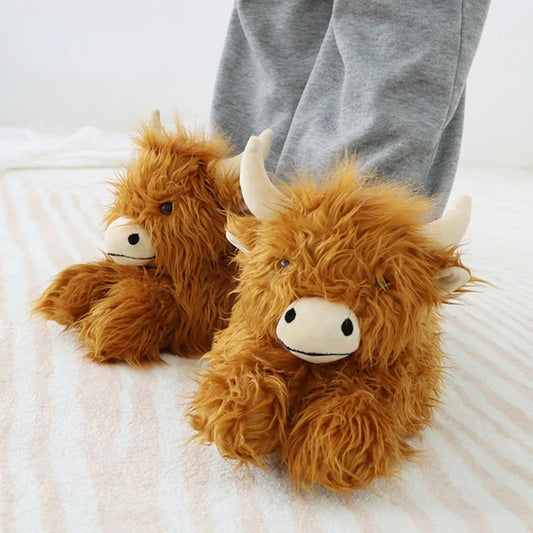 Fluffy Highland Cow Plush Slippers | Warm Indoor Animal Slides for Women & Men — image 1
