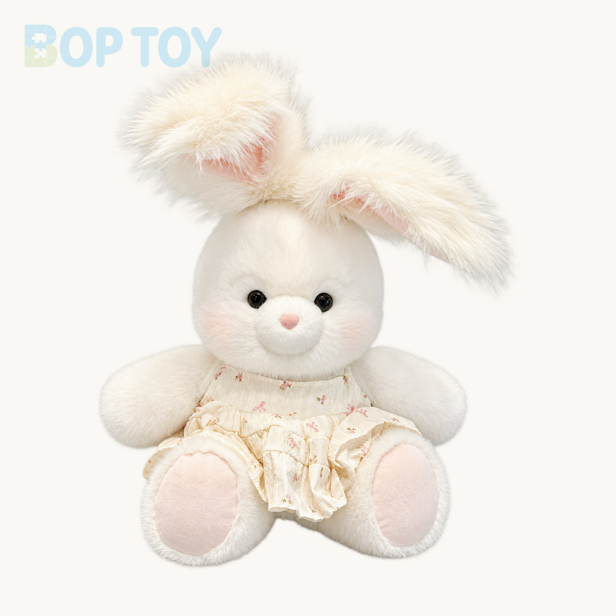 Little Y white bunny plush with cream floral dress, complete seated product view