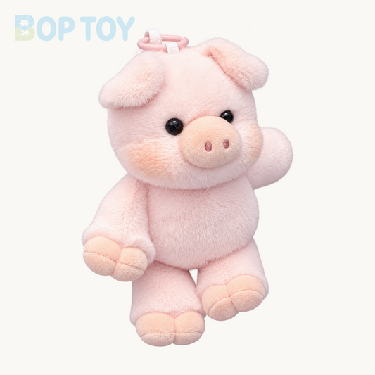 Huhu Pink Pig plush bag charm, isolated product view