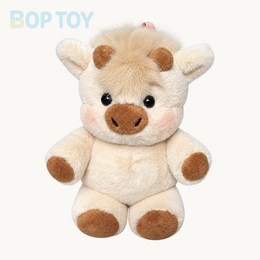 Light Khaki Highland Cow plush bag charm, isolated product view