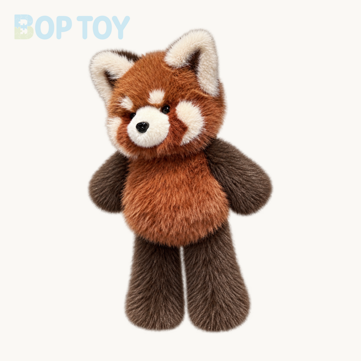 Fluffy red panda plush, long-leg variant, complete product view