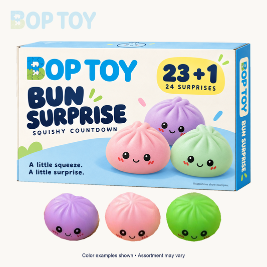 BopToy 23 + 1 bun squishy gift box packaging rendering with three real color examples; 24 toys per set